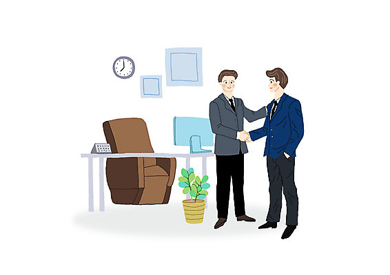 전신 PSD 남자 화분 시계 액자 일러스트 비즈니스 악수 서기 성인 두명 소파 모니터 비즈니스맨 책상 직원 주머니손 성인남자만 국내일러스트 가구 의자 모션 사람 손짓 컴퓨터 직장인 남자만 성인만 파일형식