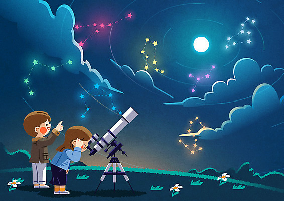 전신 구름 커플 여자 남자 별 일러스트 서기 성인 두명 파란색 망원경 별자리 달 가리킴 관측 천체망원경 성인만 국내일러스트 AI파일 자연요소 컬러 관계 모션 사람 손짓 파일형식 벡터