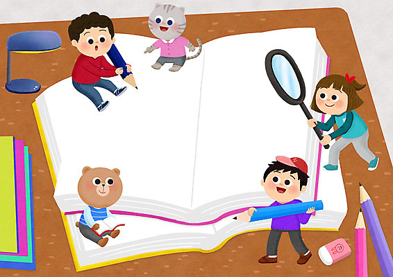 PSD 여자 교육 남자 어린이 일러스트 곰 돋보기 프레임 서기 들기 앉기 소녀 소년 책 세명 연필 고양이 가리킴 지우개 에듀 어린이만 국내일러스트 동물 포유류 모션 학용품 사람 손짓 반려동물 필기구 에듀케이션 파일형식