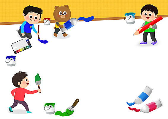 PSD 교육 남자 어린이 일러스트 곰 프레임 미술 들기 소년 세명 연필 페인트 물감 붓 팔레트 페인트통 페인트붓 에듀 어린이만 소년만 국내일러스트 동물 포유류 모션 문화예술 학용품 통 사람 필기구 미술도구 에듀케이션 남자만 파일형식