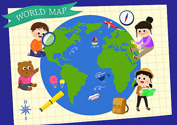 PSD 여자 교육 남자 지구 어린이 세계지도 지도 가방 일러스트 곰 돋보기 프레임 서기 들기 앉기 소녀 소년 책 세명 망원경 가리킴 나침반 에듀 어린이만 국내일러스트 동물 잡화 포유류 모션 사람 손짓 세계 에듀케이션 파일형식
