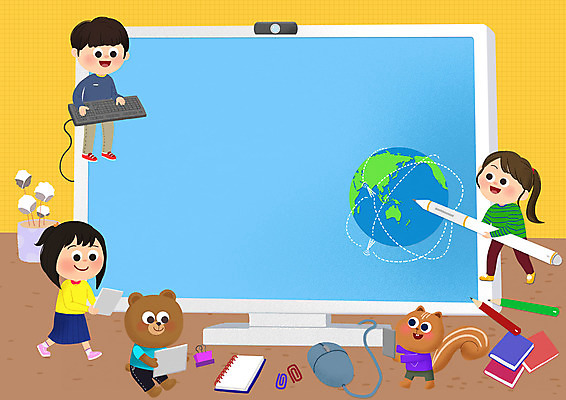 전신 PSD 여자 교육 남자 지구 어린이 일러스트 곰 모바일 프레임 서기 들기 앉기 소녀 소년 책 세명 컴퓨터 연필 모니터 키보드 마우스 다람쥐 클립 에듀 온라인강의 터치펜 어린이만 국내일러스트 동물 포유류 모션 학용품 사람 전자제품 필기구 펜 컴퓨터용품 설치류 강의 에듀케이션 파일형식 언택트