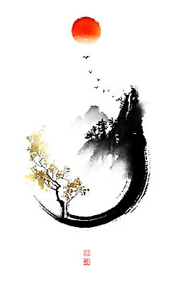 PSD 나무 일러스트 캘리그라피 조류 붓터치 나뭇잎 산 풍경 사람없음 도장 태양 동양화 산등성이 번짐 낙관 산수화 국내일러스트 자연요소 식물 동물 잎 미술 파일형식 효과