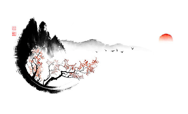 PSD 나무 일러스트 캘리그라피 조류 붓터치 나뭇잎 산 풍경 사람없음 도장 태양 동양화 산등성이 번짐 낙관 산수화 국내일러스트 자연요소 식물 동물 잎 미술 파일형식 효과