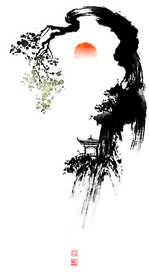 PSD 나무 일러스트 캘리그라피 붓터치 나뭇잎 풍경 사람없음 도장 태양 나뭇가지 동양화 정자 번짐 낙관 산수화 국내일러스트 자연요소 식물 건축물 잎 미술 파일형식 효과