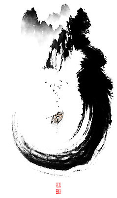 PSD 일러스트 캘리그라피 조류 붓터치 산 풍경 사람없음 도장 태양 강가 나룻배 동양화 번짐 낙관 산수화 국내일러스트 자연요소 동물 배_교통 미술 강 파일형식 효과