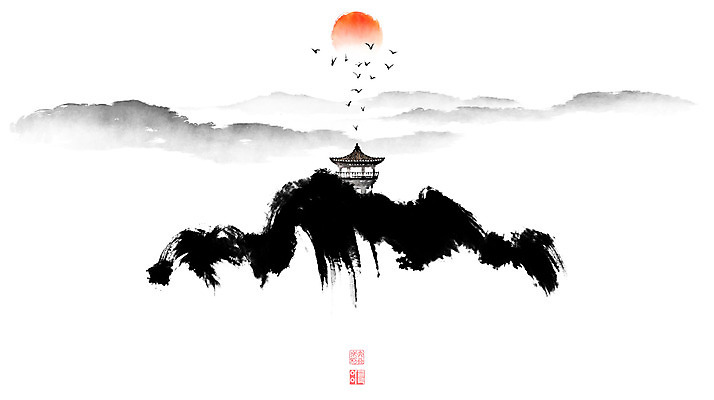 PSD 일러스트 캘리그라피 조류 붓터치 한옥 풍경 사람없음 도장 태양 동양화 산등성이 정자 번짐 낙관 산수화 국내일러스트 자연요소 동물 한국전통 건축물 고건축 산 미술 파일형식 효과