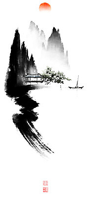 PSD 일러스트 캘리그라피 붓터치 한옥 풍경 사람없음 강 도장 태양 나룻배 동양화 산등성이 정자 번짐 낙관 산수화 국내일러스트 자연요소 한국전통 건축물 고건축 배_교통 산 미술 파일형식 효과