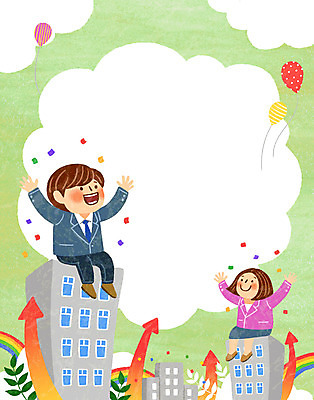 전신 PSD 구름 여자 남자 화살표 무지개 일러스트 하늘 함께함 앉기 성인 두명 건물 만세 직장인 비즈니스맨 비즈니스우먼 꽃가루 풍선 성인만 국내일러스트 자연요소 직업 건축물 컨셉 비즈니스 모션 사람 가루 파일형식