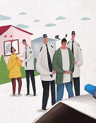 전신 PSD 구름 여자 남자 일러스트 주택 서기 여러명 상반신 성인 범죄 경찰 보호 범죄인 도둑 절도 사건 경찰차 검거 체포 침범 성인만 국내일러스트 자연요소 직업 다수 컨셉 모션 자동차 사람 건물 파일형식