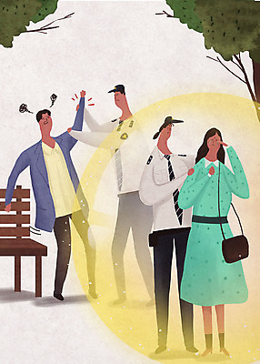 전신 PSD 나무 커플 공원 여자 남자 벤치 일러스트 서기 여러명 성인 손들기 범죄 경찰 보호 울음 체포 성인만 어깨에손 데이트폭력 국내일러스트 식물 직업 공공시설 다수 컨셉 의자 관계 모션 표정 사람 폭력 파일형식