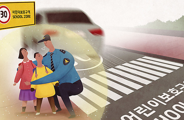 전신 PSD 여자 남자 초등학생 어린이 일러스트 자동차 서기 성인 세명 횡단보도 경찰 보호 무릎꿇기 교통안전 정의 감싸기 과속 교통경찰 신호위반 어린이보호구역 국내일러스트 직업 학생 육상교통 컨셉 모션 안전 사람 보행로 위반 보호구역 파일형식