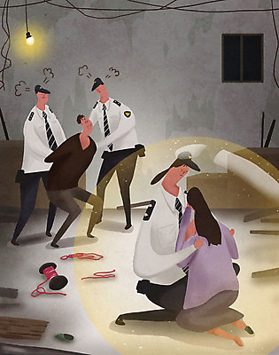 전신 PSD 여자 남자 일러스트 전구 창문 안기 서기 앉기 여러명 성인 분노 범죄 경찰 보호 울음 범죄인 사건 구속 창고 노끈 납치 지하실 체포 성인만 국내일러스트 직업 감정 줄 다수 컨셉 모션 표정 사람 파일형식