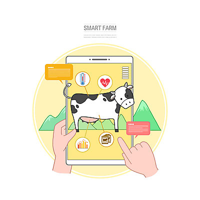 PSD 손 말풍선 일러스트 그래프 산 관리 들기 신체부위 태블릿 노란색 터치 맥박 먹이 젖소 하이테크 온도 자동화 첨단기기 스마트팜 국내일러스트 컬러 의학 모션 기술 사람 전자제품 스마트기기 농장 기계 소 파일형식