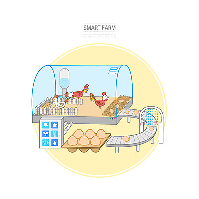 PSD 여러마리 일러스트 사람없음 노란색 계란 닭 축사 하이테크 양계장 자동화 첨단기기 컨베어밸트 스마트팜 국내일러스트 건축물 컬러 다수 조류 기술 농장 알 기계 축산업 파일형식