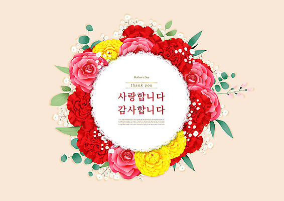 PSD 꽃다발 잎 일러스트 프레임 사랑 타이포그라피 사람없음 어버이날 카네이션 감사 살구색 국내일러스트 식물 문자 기념일 꽃 감정 컬러 파일형식