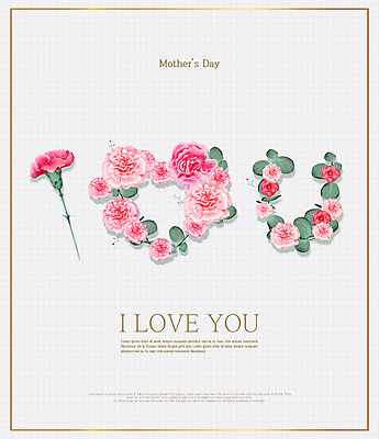 PSD 꽃다발 잎 일러스트 사랑 타이포그라피 사람없음 하트 어버이날 카네이션 아이러브유 국내일러스트 카드프레임 모양 식물 문자 기념일 꽃 감정 프레임 파일형식