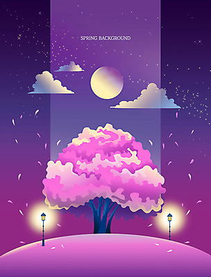 PSD 구름 꽃잎 별 백그라운드 야경 가로등 일러스트 사람없음 보라색 봄풍경 벚꽃 달 벚나무 언덕 낙화 봄배경 국내일러스트 자연요소 나무 공공시설 꽃 컬러 풍경 봄 야간 파일형식 풍경_경치