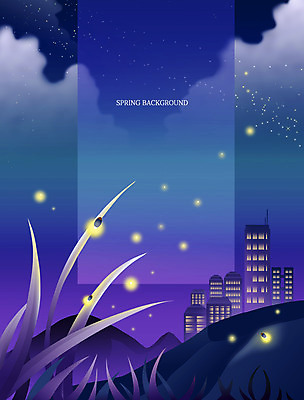 PSD 구름 별 백그라운드 야경 일러스트 사람없음 봄풍경 도시 풀 남색 반딧불이 봄배경 국내일러스트 자연요소 식물 컬러 곤충 풍경 봄 야간 파일형식 풍경_경치