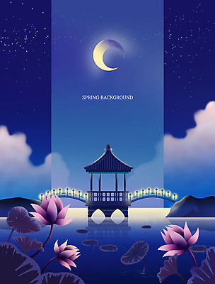 PSD 구름 별 백그라운드 야경 일러스트 연꽃 사람없음 봄풍경 달 연못 남색 달빛 정자 아치교 봄배경 국내일러스트 자연요소 건축물 꽃 컬러 풍경 봄 다리_건축물 야간 파일형식 풍경_경치