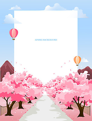 PSD 구름 길 분홍색 하늘색 백그라운드 일러스트 산 프레임 사람없음 봄풍경 벚꽃 열기구 프레임일러스트 봄배경 국내일러스트 자연요소 꽃 컬러 항공교통 풍경 파란색 봄 파일형식