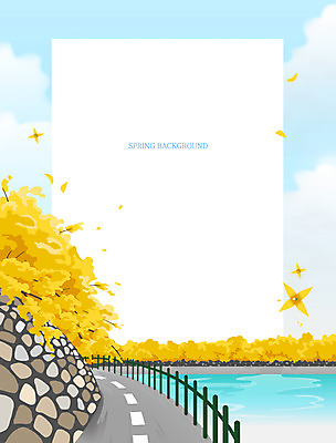 PSD 구름 도로 바다 하늘색 백그라운드 일러스트 프레임 사람없음 봄풍경 개나리 프레임일러스트 봄배경 국내일러스트 자연요소 꽃 길 교통시설 풍경 파란색 봄 파일형식