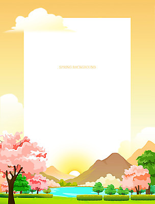 PSD 구름 호수 백그라운드 일러스트 산 프레임 사람없음 노란색 노을 봄풍경 벚꽃 프레임일러스트 봄배경 국내일러스트 자연요소 꽃 컬러 풍경 봄 파일형식