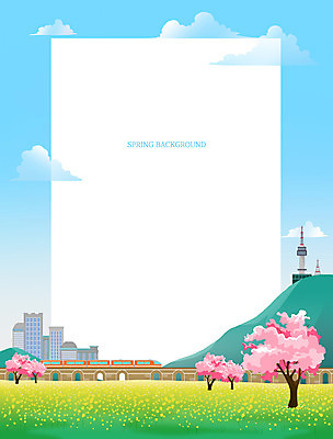 PSD 구름 백그라운드 일러스트 프레임 사람없음 건물 봄풍경 기차 벚꽃 도시 프레임일러스트 가교 봄배경 국내일러스트 자연요소 건축물 꽃 육상교통 대중교통 풍경 봄 파일형식
