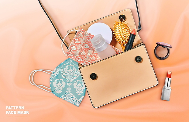 PSD 편집이미지 패턴 마스크 사람없음 주황색 화장품 립스틱 핸드백 머리빗 바이러스 아이섀도 손세정제 다마스크 코로나바이러스 포스트코로나 위드코로나 이미지편집 문양 컬러 무늬 가방 뷰티 미용용품 사회이슈 세정제 파일형식