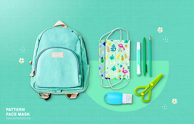 PSD 편집이미지 패턴 나뭇잎 학용품 색연필 책가방 가위 마스크 사람없음 볼펜 바이러스 플라밍고 민트색 커터칼 손세정제 코로나바이러스 포스트코로나 위드코로나 이미지편집 컬러 잎 무늬 가방 조류 문구용품 펜 사무용품 사회이슈 세정제 파일형식