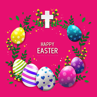 기독교 십자가 일러스트 나뭇잎 부활절 프레임 타이포그라피 사람없음 부활절계란 진분홍색 프레임일러스트 국내일러스트 AI파일 문자 기념일 종교 분홍색 잎 계란 파일형식 벡터