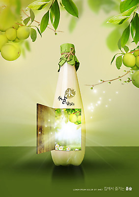 PSD 편집이미지 잎 사람없음 연두색 빛 문 오픈 병 막걸리 매실 쌀막걸리 집콕 홈술 이미지편집 식물 식기 주류 초록색 신조어 파일형식 앳홈라이프