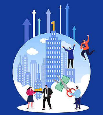 전신 여자 남자 화살표 지폐 일러스트 비즈니스 가위 서기 들기 빌딩 여러명 성인 건물 파란색 점프 만세 투자 상승 효율 성인만 비용 국내일러스트 AI파일 건축물 컬러 다수 컨셉 돈 모션 문구용품 사람 경제 파일형식 벡터