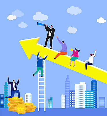 전신 여자 남자 화살표 일러스트 비즈니스 사다리 들기 여러명 성인 건물 파란색 손들기 동전 망원경 투자 상승 투자가치 효율 성인만 비용 국내일러스트 AI파일 건축물 컬러 다수 컨셉 돈 모션 사람 경제 도구 가치 파일형식 벡터