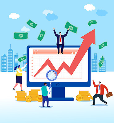 전신 여자 남자 화살표 하늘색 돈 일러스트 비즈니스 돋보기 들기 여러명 성인 건물 걷기 모니터 만세 투자 상승 동전탑 효율 성인만 비용 국내일러스트 AI파일 건축물 다수 컨셉 모션 사람 경제 파란색 컴퓨터 쌓기 동전 재산 파일형식 벡터