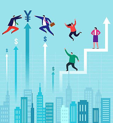 전신 여자 남자 화살표 하늘색 일러스트 비즈니스 서기 여러명 성인 건물 달러 점프 기쁨 만세 엔 투자 상승 효율 성인만 비용 국내일러스트 AI파일 건축물 감정 다수 컨셉 돈 모션 사람 경제 파란색 파일형식 벡터