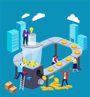 전신 여자 남자 화살표 일러스트 비즈니스 전구 사다리 공장 아이디어 서기 들기 여러명 성인 건물 파란색 동전 기쁨 만세 투자 수익 컨베어밸트 효율 성인만 비용 국내일러스트 AI파일 건축물 감정 컬러 다수 컨셉 돈 공업 모션 사람 경제 기계 도구 파일형식 벡터