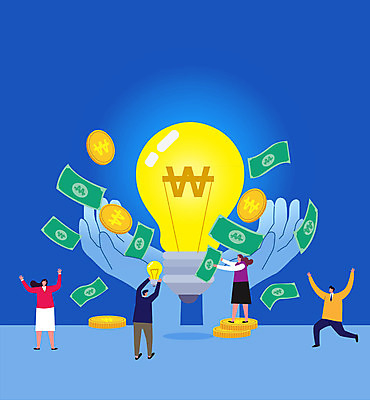 전신 손 여자 남자 지폐 일러스트 비즈니스 전구 아이디어 서기 들기 여러명 성인 파란색 동전 만세 투자 수익 효율 성인만 비용 국내일러스트 AI파일 컬러 다수 컨셉 돈 모션 사람 신체부위 경제 파일형식 벡터