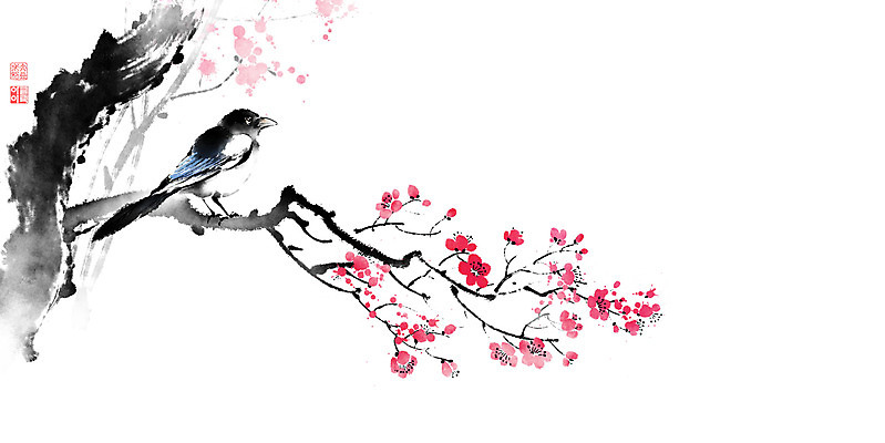 PSD 한마리 일러스트 캘리그라피 붓터치 사람없음 봄 나뭇가지 동양화 매화 번짐 까치 낙관 화조화 국내일러스트 나무 1 계절 꽃 조류 미술 파일형식 효과