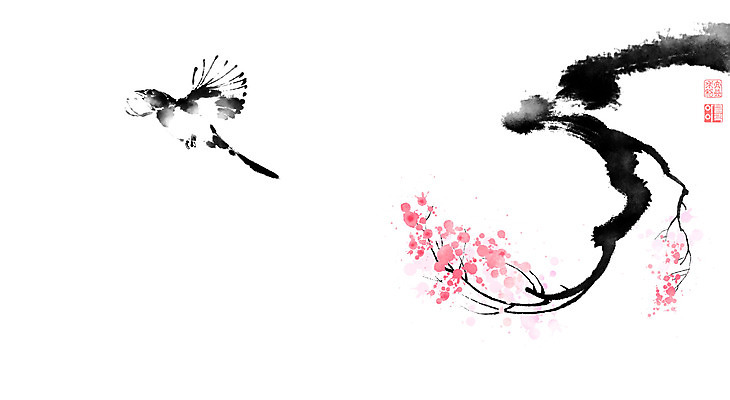 PSD 한마리 일러스트 캘리그라피 붓터치 사람없음 봄 나뭇가지 비행 동양화 매화 번짐 까치 낙관 화조화 국내일러스트 나무 1 계절 꽃 조류 미술 파일형식 효과