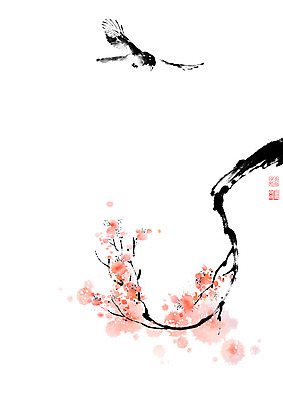 PSD 한마리 일러스트 캘리그라피 붓터치 나뭇잎 사람없음 봄 나뭇가지 비행 동양화 매화 번짐 까치 낙관 화조화 국내일러스트 나무 1 계절 꽃 잎 조류 미술 파일형식 효과