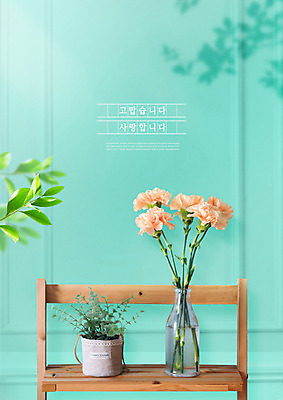 PSD 편집이미지 화분 의자 나뭇잎 사람없음 꽃병 5월 카네이션 감사 가정의달 민트색 이미지편집 꽃 감정 컬러 가구 잎 날짜 파일형식