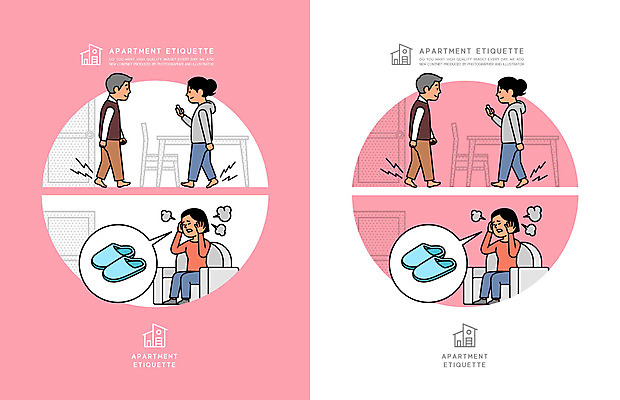 전신 여자 노년 남자 분홍색 말풍선 일러스트 슬리퍼 아파트 주택 앉기 여러명 성인 소파 걷기 예절 귀막기 매너 공동주택 층간소음 국내일러스트 AI파일 컬러 다수 신발 의자 모션 사람 손짓 건물 소음 파일형식 벡터