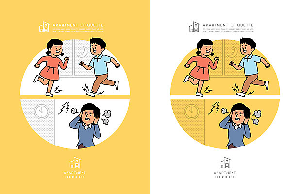 전신 여자 남자 어린이 일러스트 아파트 주택 소녀 소년 여러명 상반신 성인 달리기 노란색 예절 귀막기 매너 공동주택 층간소음 국내일러스트 AI파일 컬러 다수 모션 사람 손짓 건물 소음 파일형식 벡터