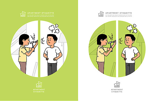 전신 여자 남자 허리손 일러스트 아파트 주택 들기 여러명 성인 연두색 분노 예절 망치 소음 매너 망치질 공동주택 못박기 성인만 국내일러스트 AI파일 감정 포즈 다수 모션 사람 건물 초록색 소리 공구 파일형식 벡터