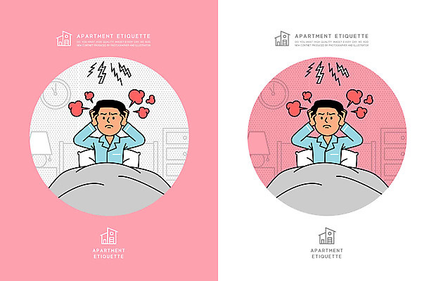 남자 분홍색 일러스트 베개 아파트 주택 상반신 성인 두명 이불 분노 예절 귀막기 매너 공동주택 층간소음 성인남자만 국내일러스트 AI파일 감정 컬러 침구 사람 손짓 건물 소음 남자만 성인만 파일형식 벡터