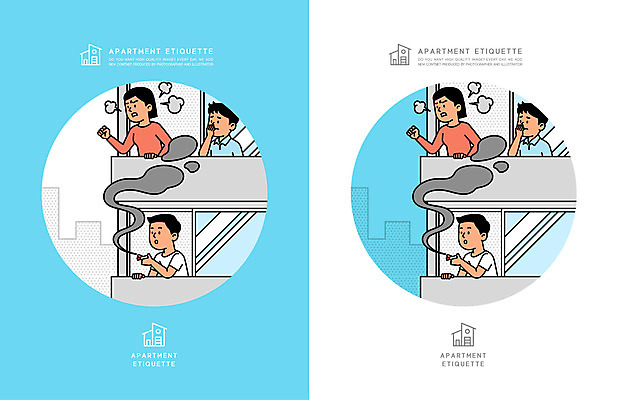 여자 남자 어린이 하늘색 일러스트 아파트 주택 흡연 소년 여러명 상반신 성인 발코니 분노 예절 담배연기 매너 공동주택 흡연금지 간접흡연 국내일러스트 AI파일 감정 다수 담배 사람 건물 파란색 금지 연기 파일형식 벡터