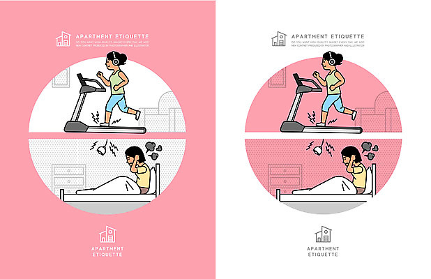 전신 여자 분홍색 일러스트 아파트 주택 여러명 상반신 성인 달리기 운동 침대 예절 귀막기 런닝머신 매너 공동주택 층간소음 성인여자만 국내일러스트 AI파일 컬러 가구 다수 모션 건강 사람 손짓 건물 운동기구 소음 여자만 성인만 파일형식 벡터