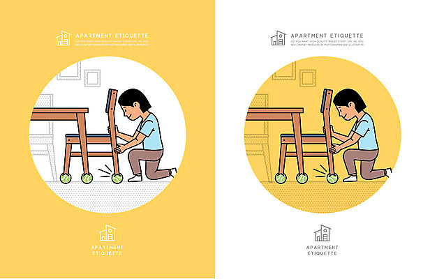 전신 여자 의자 일러스트 탁자 아파트 주택 성인 두명 노란색 예절 무릎꿇기 테니스공 예방 매너 공동주택 층간소음 성인여자만 국내일러스트 AI파일 컬러 가구 공 모션 사람 건물 테니스용품 소음 여자만 성인만 파일형식 벡터