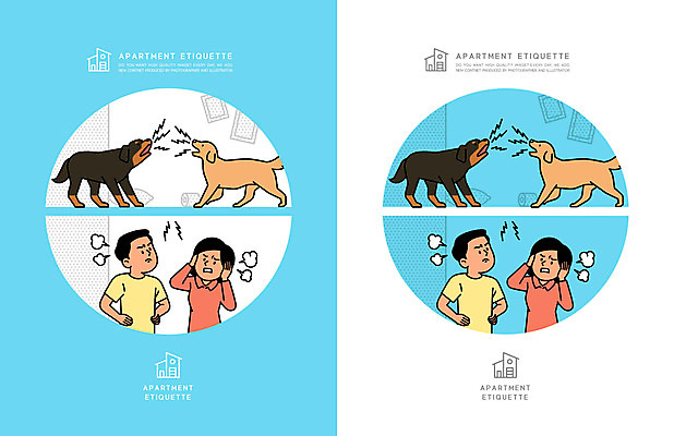 전신 여자 남자 반려견 하늘색 여러마리 일러스트 아파트 주택 여러명 성인 분노 예절 개 강아지 귀막기 매너 공동주택 반려 층간소음 성인만 국내일러스트 AI파일 감정 다수 포유류 사람 손짓 건물 파란색 반려동물 소음 파일형식 벡터